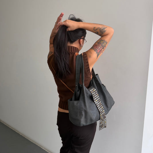 Tres Black Leather Studded Bag