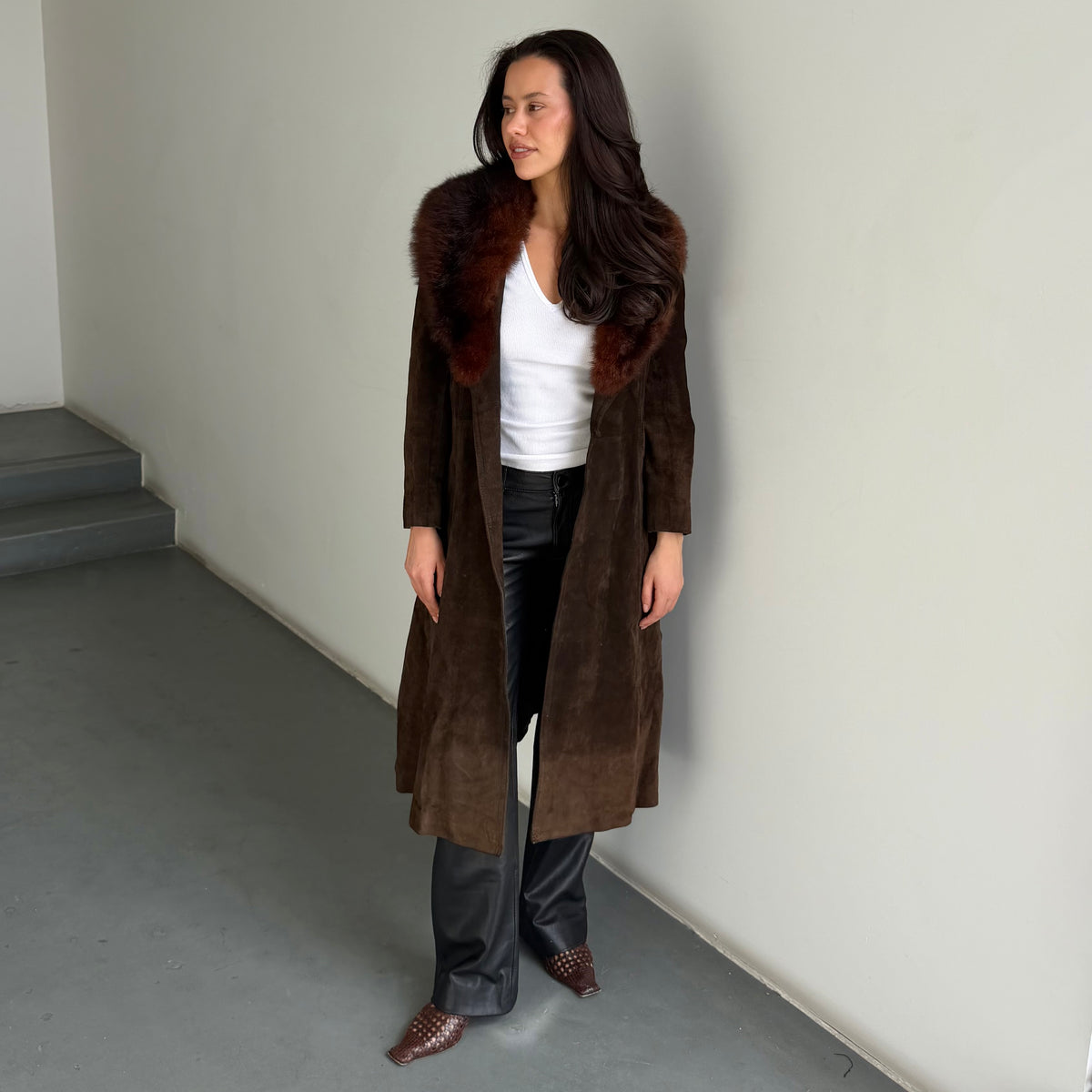 Vintage Suede Fur Trim Trench