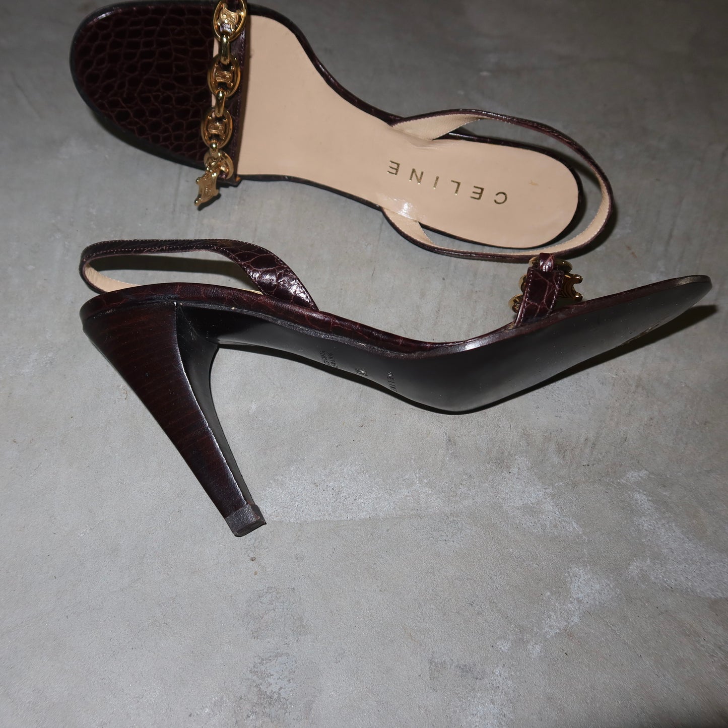 Celine Croc Print Leather Heels with Gold Charm Hardware (38)