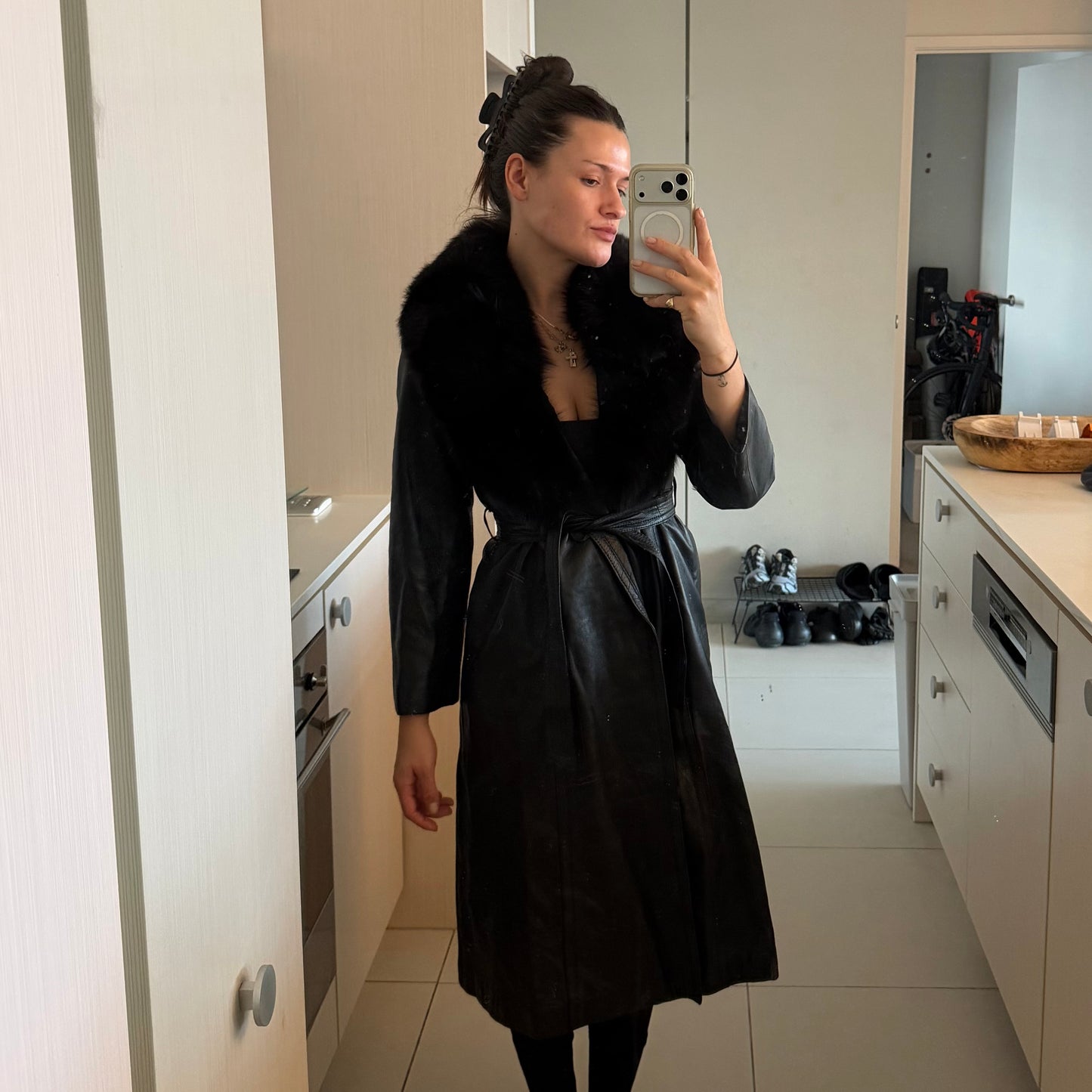 Vintage Leather Trench with Real Fur Collar