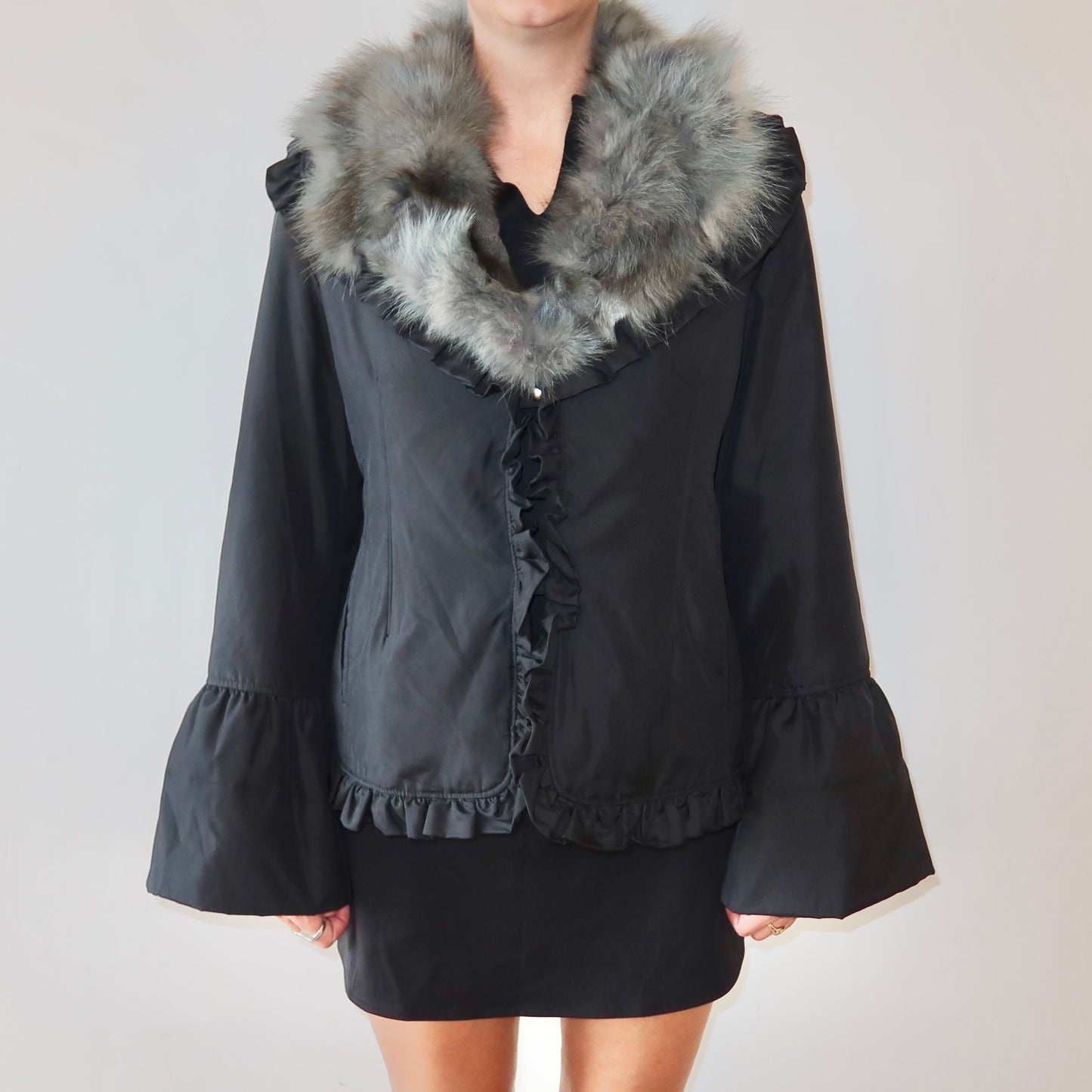 Balmain Navy Nylon and Fur Coat