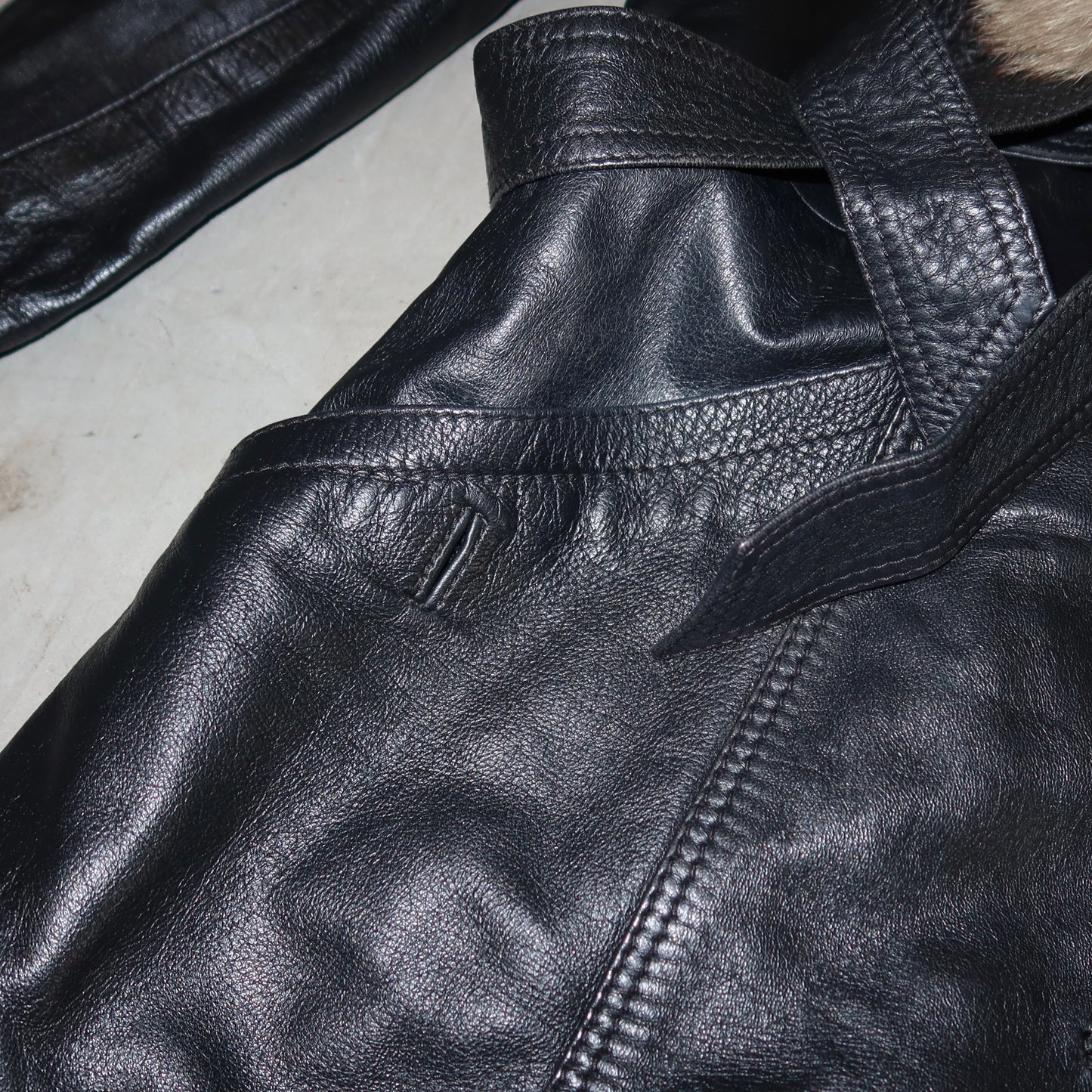 Vintage Black Leather Trench with Fur Collar