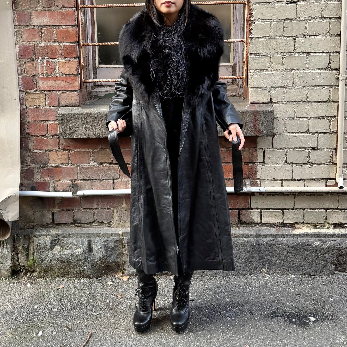 Vintage Leather Trench with Real Fur Collar