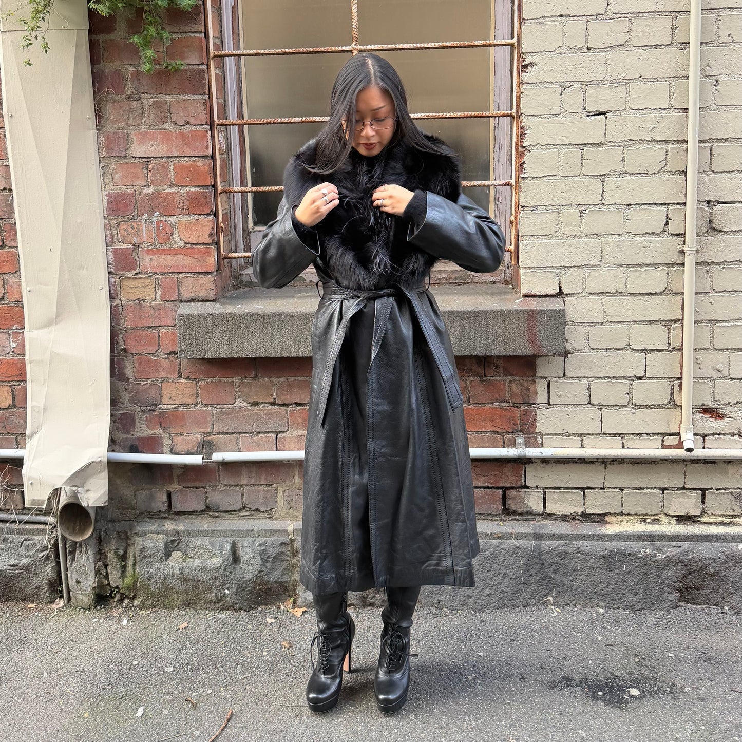 Vintage Leather Trench with Real Fur Collar