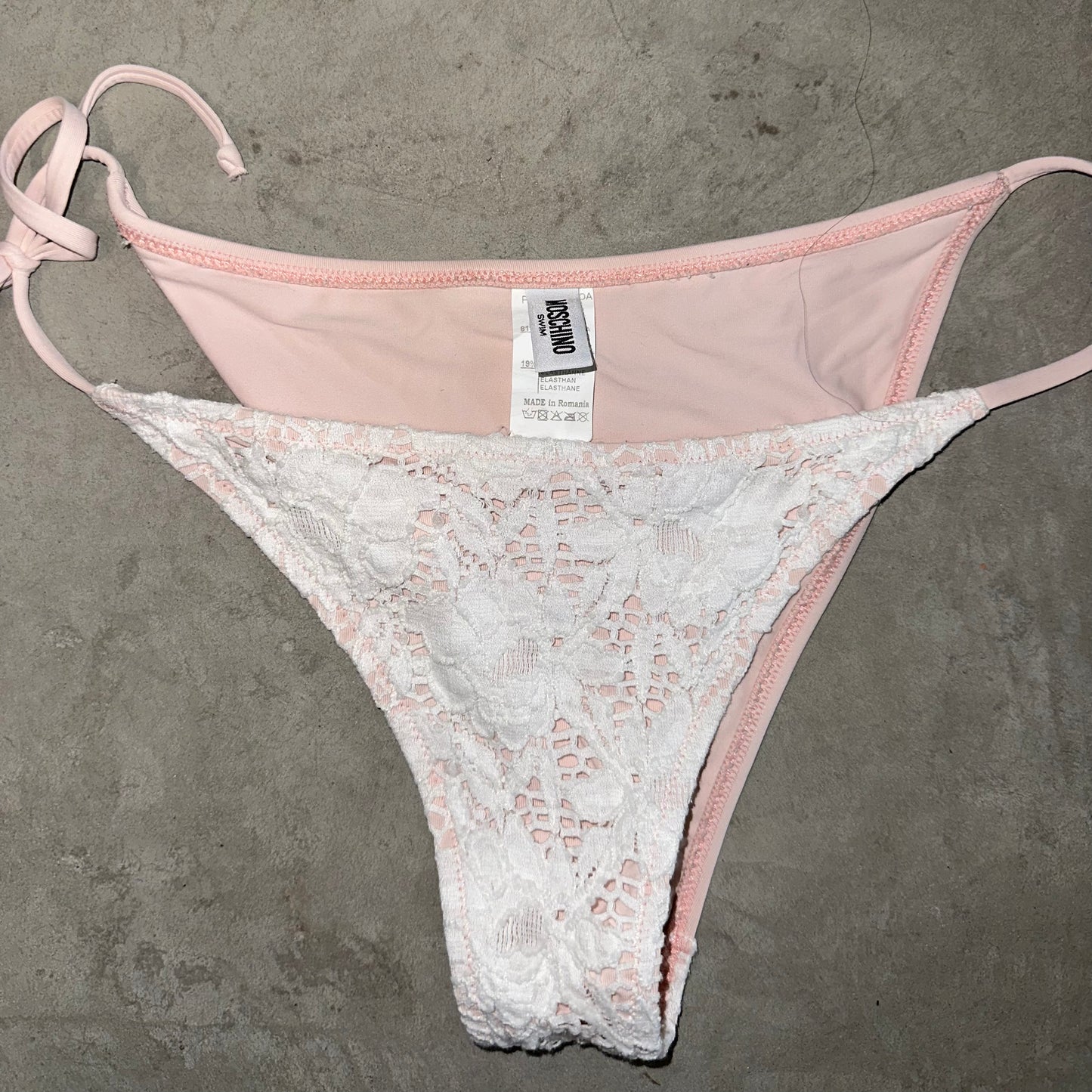 Moschino Baby Pink Bikini with White Lace Overlay