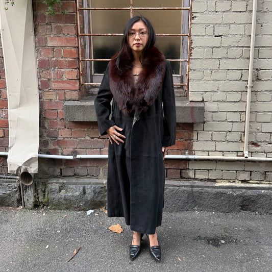 Vintage Suede Trench with Fur Collar