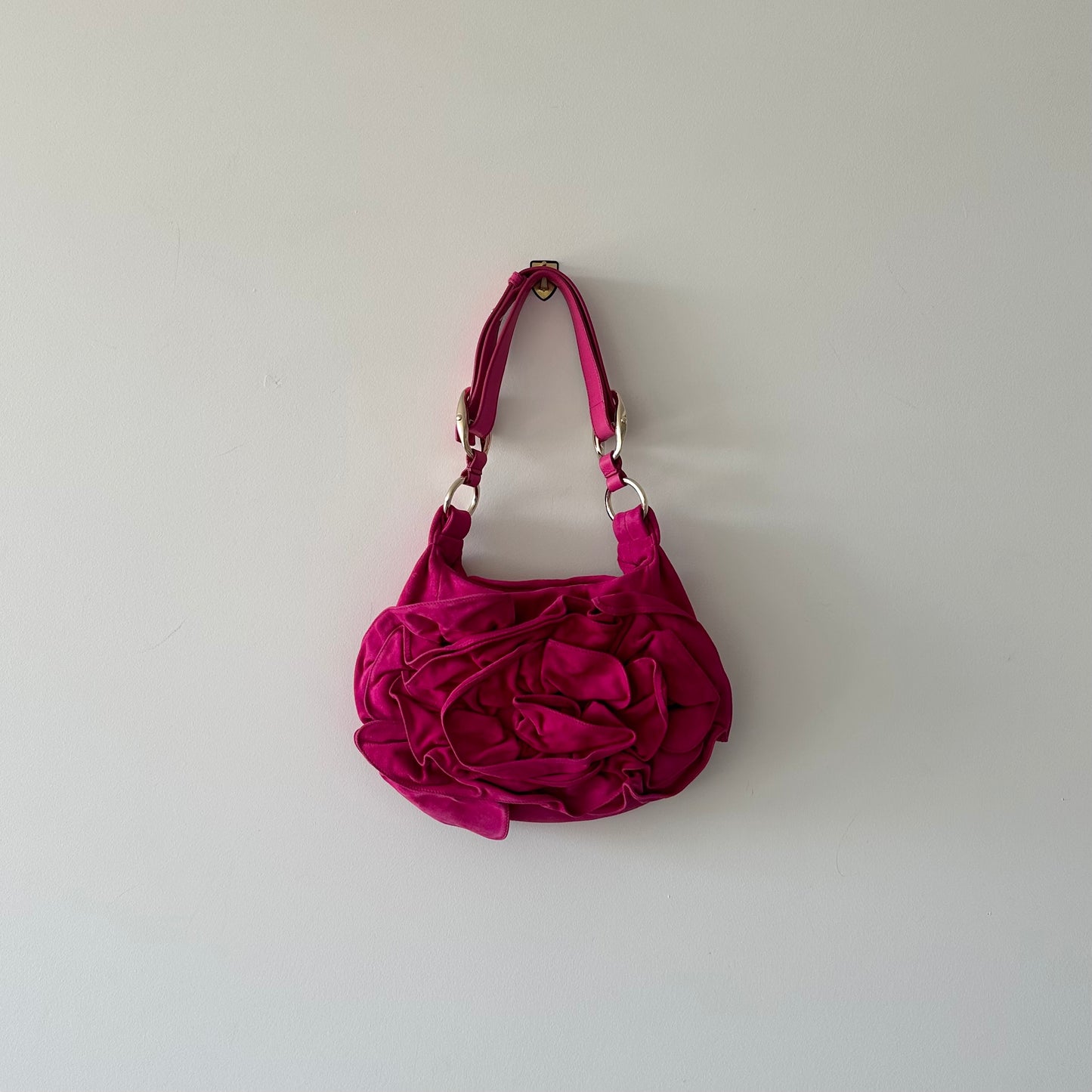 YSL Rare Hot Pink Suede Nadja Bag with Gold Hardware