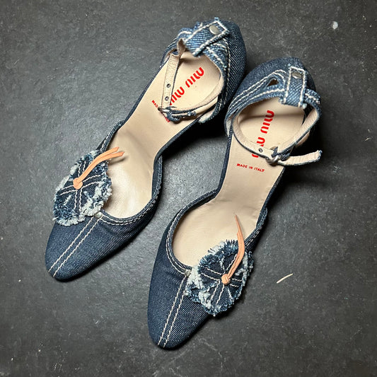 Miu Miu Rare Denim Heels with Floral Appliqué (40)