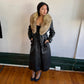 Vintage Black Leather Trench with Fur Collar