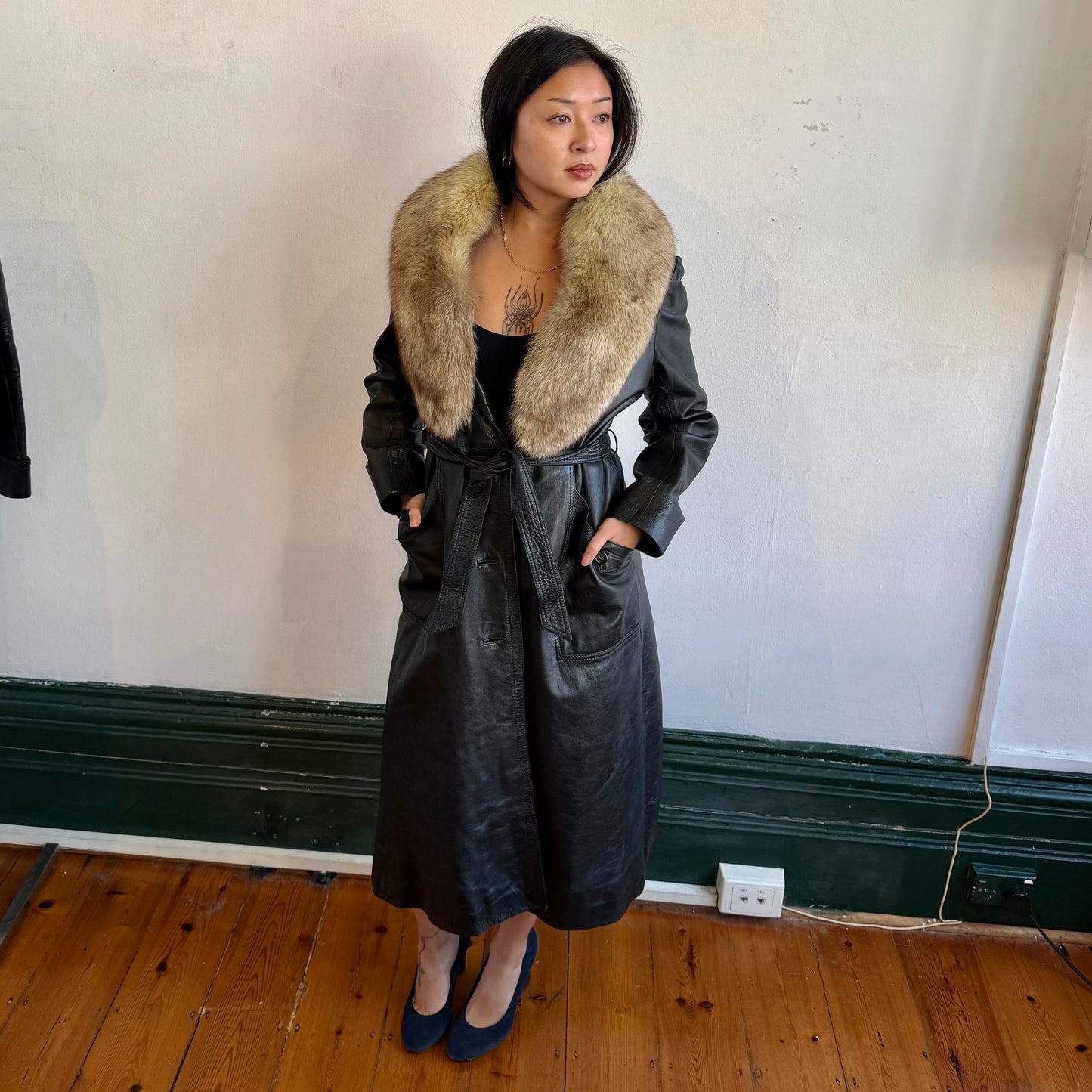 Vintage Black Leather Trench with Fur Collar