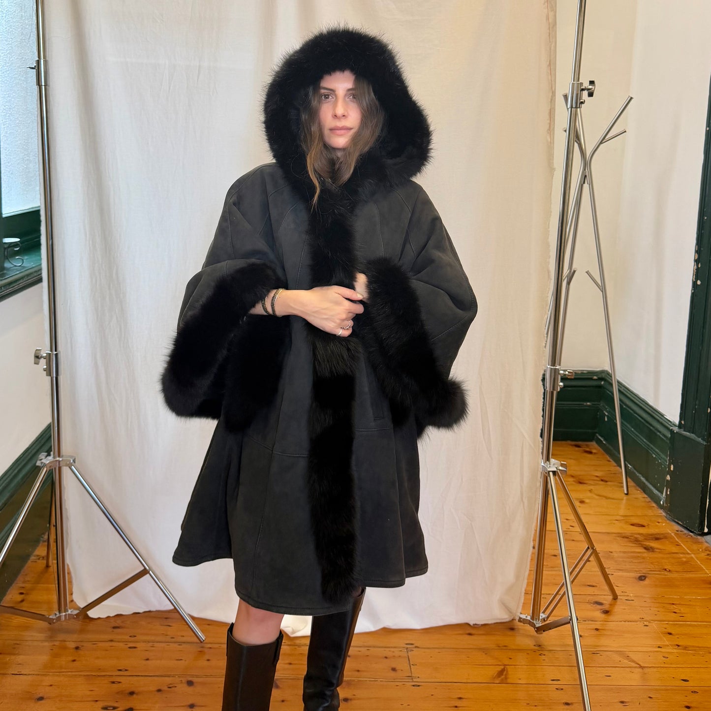 Bruno Magli Shearling Cape Coat