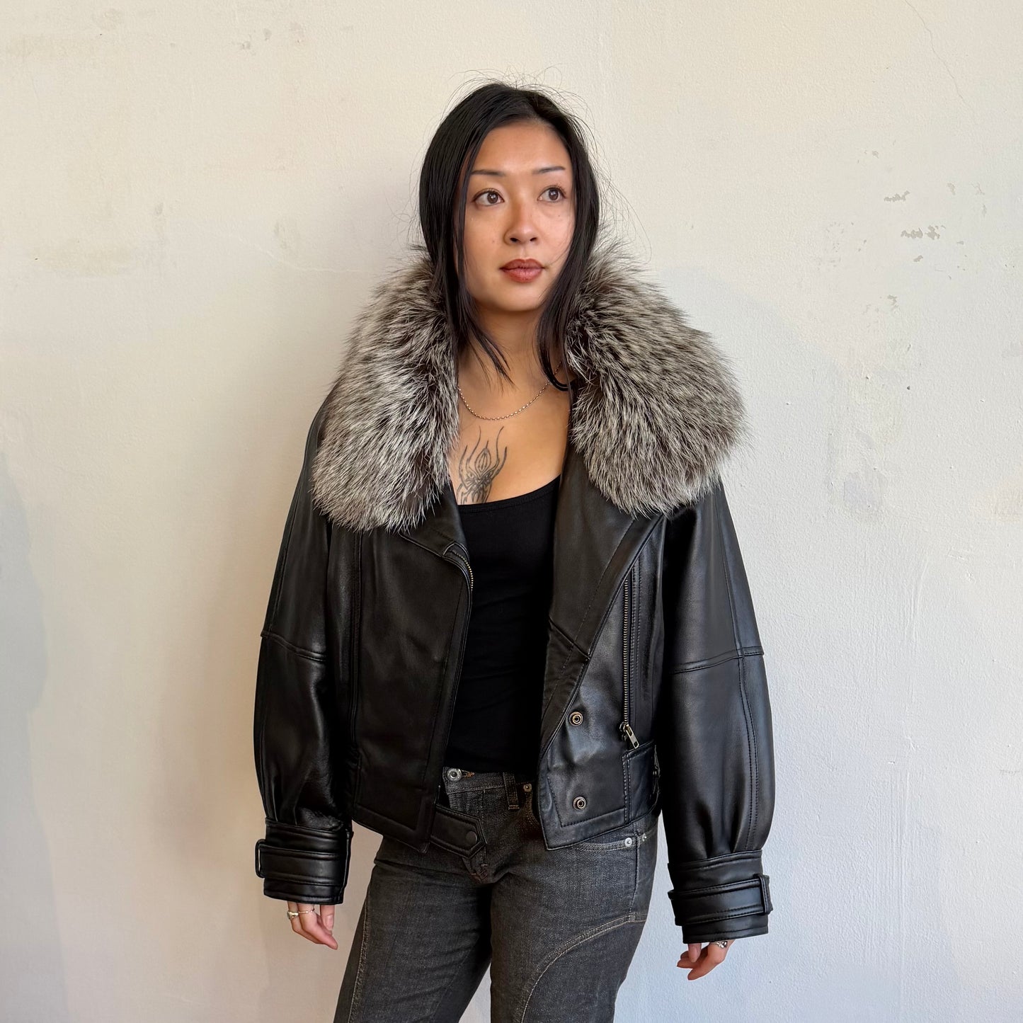 Vintage Leather and Fox Fur Bomber