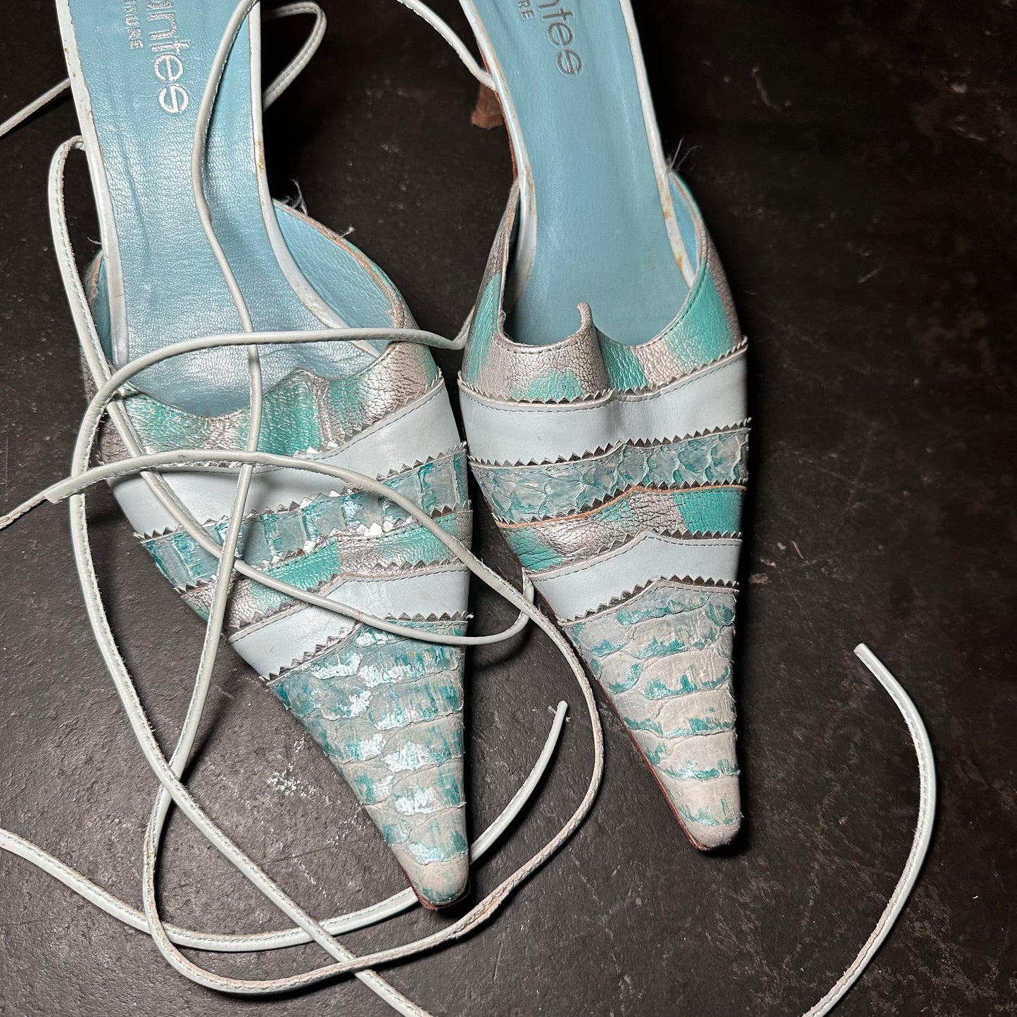 El Dante’s Blue Snake Print Mules with Ankle Wraps (40)