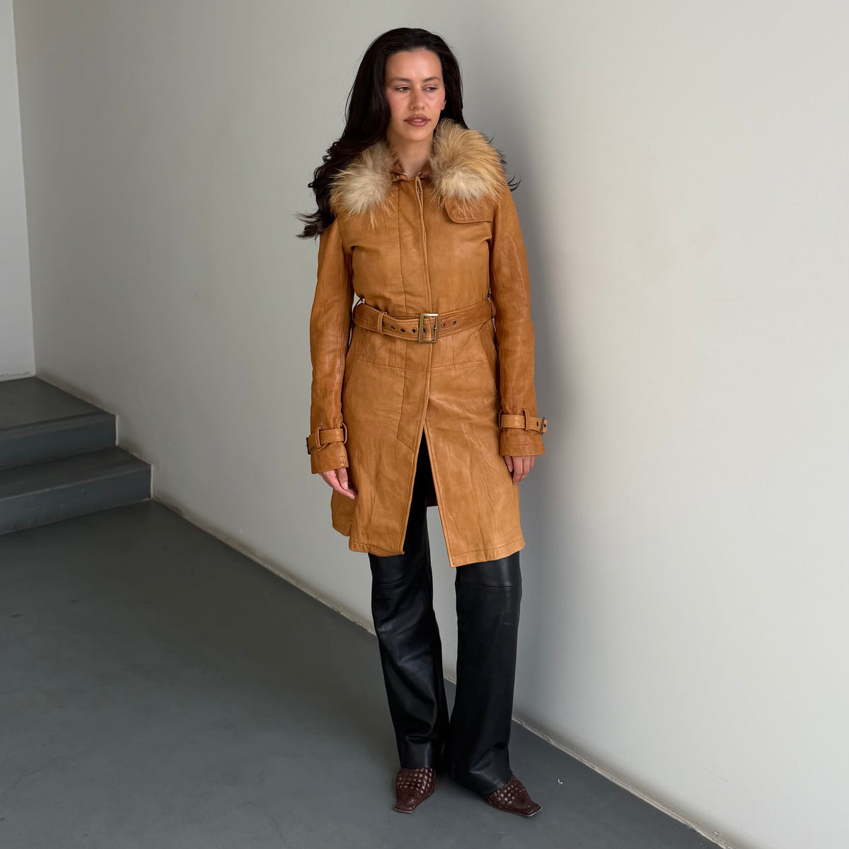 Vintage Fur Trim Leather Trench