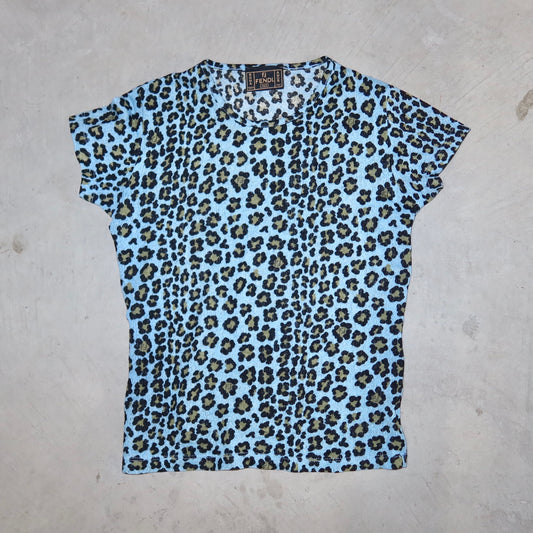 Fendi Blue Leopard Print T-Shirt