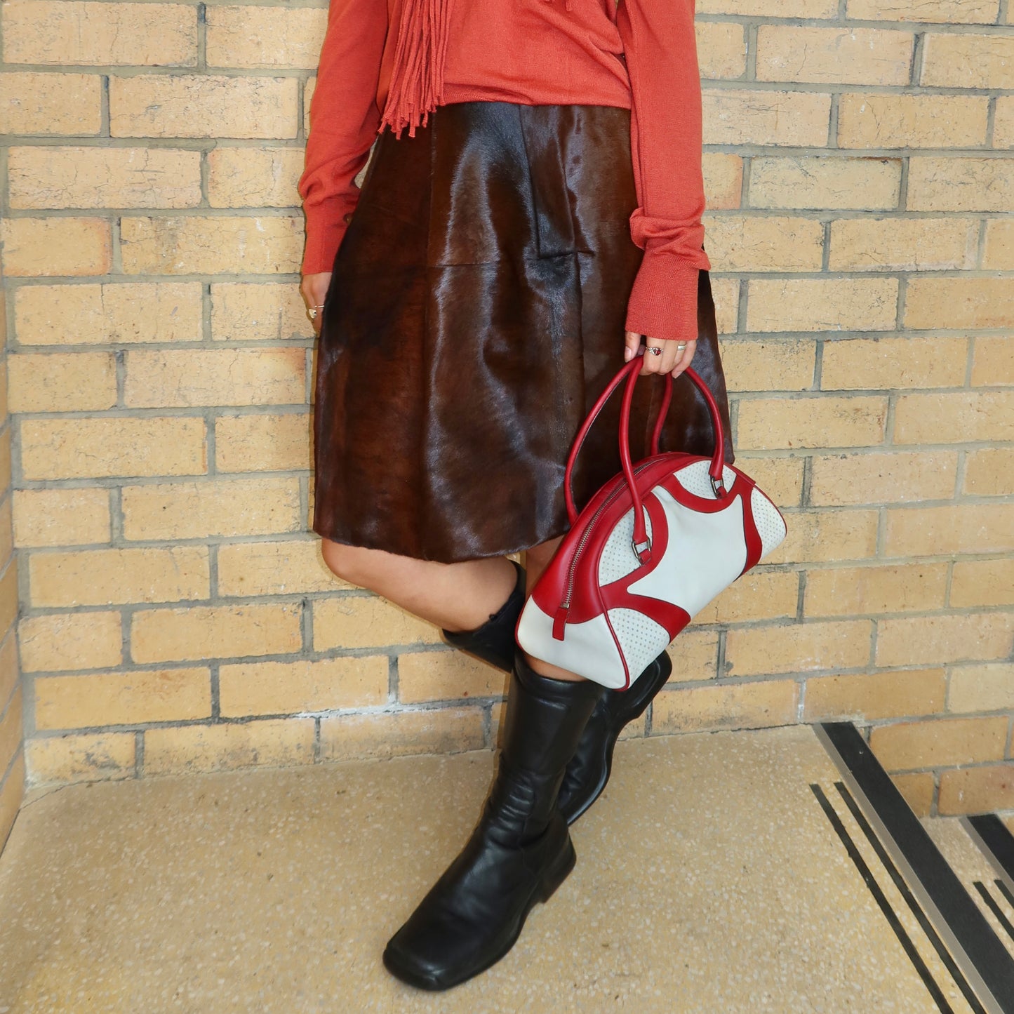 Prada Red and White Bowling Bag