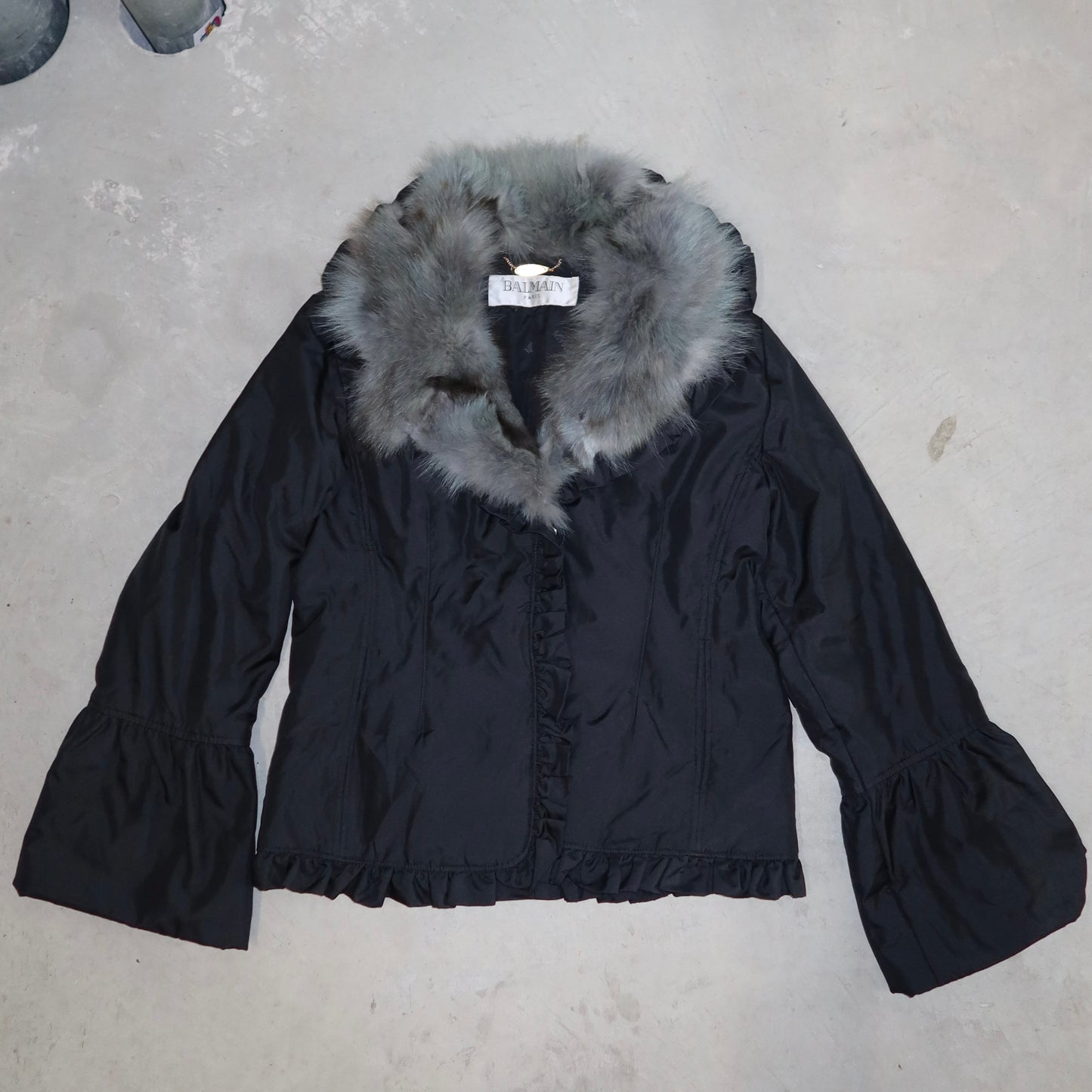Balmain Navy Nylon and Fur Coat