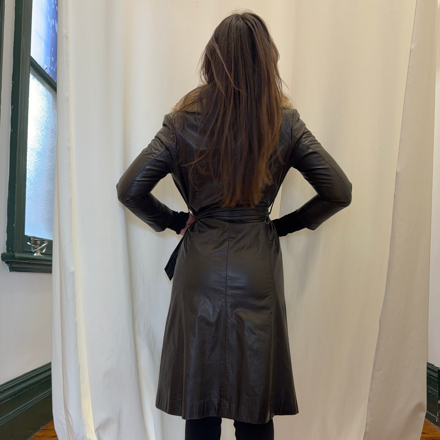 Vintage Brown Leather Trench with Fur Collar