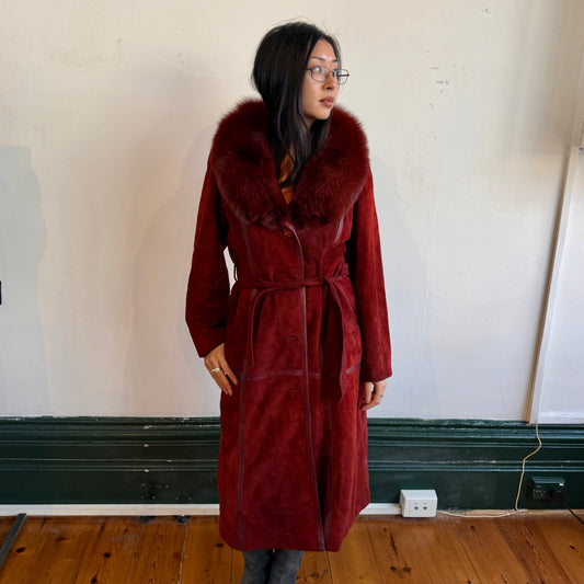 Vintage Red Suede and Fox Fur Trench