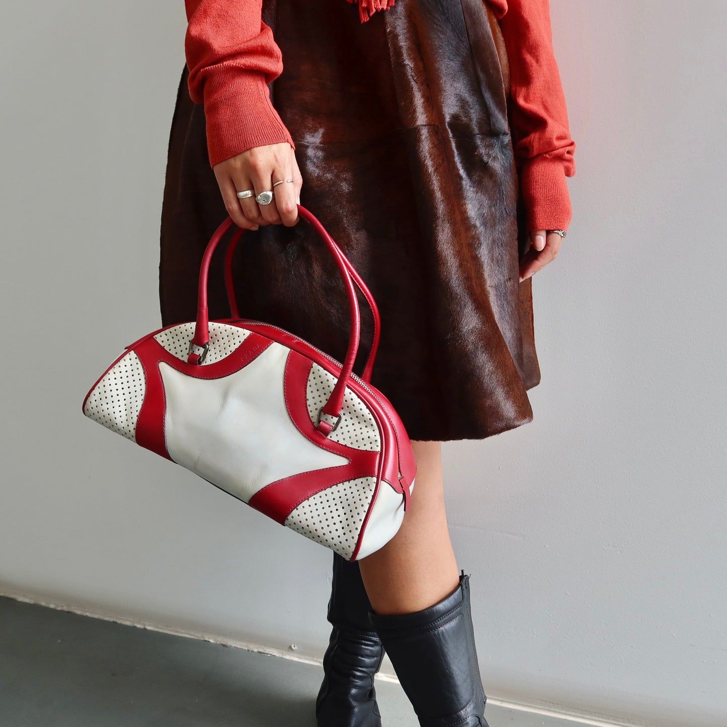 Prada Red and White Bowling Bag
