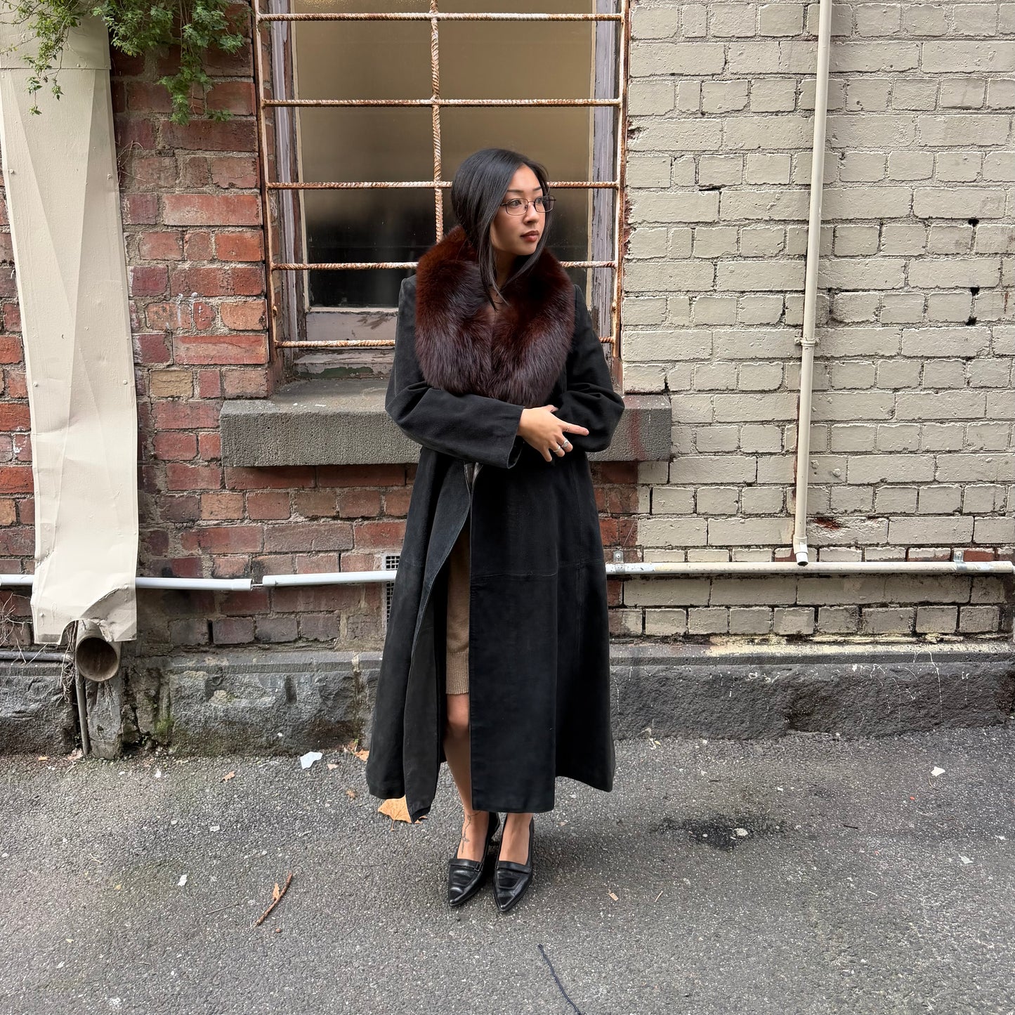 Vintage Suede Trench with Fur Collar