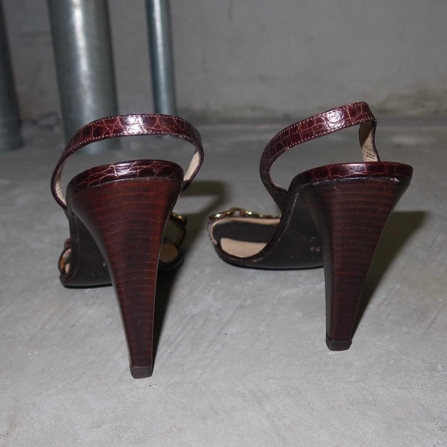 Celine Croc Print Leather Heels with Gold Charm Hardware (38)