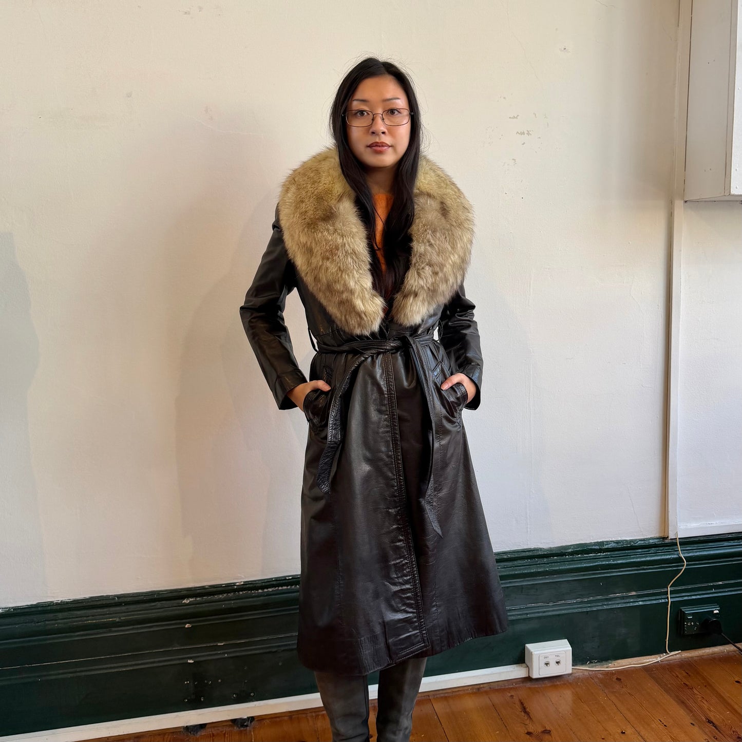 Vintage Brown Leather Trench with Fur Collar