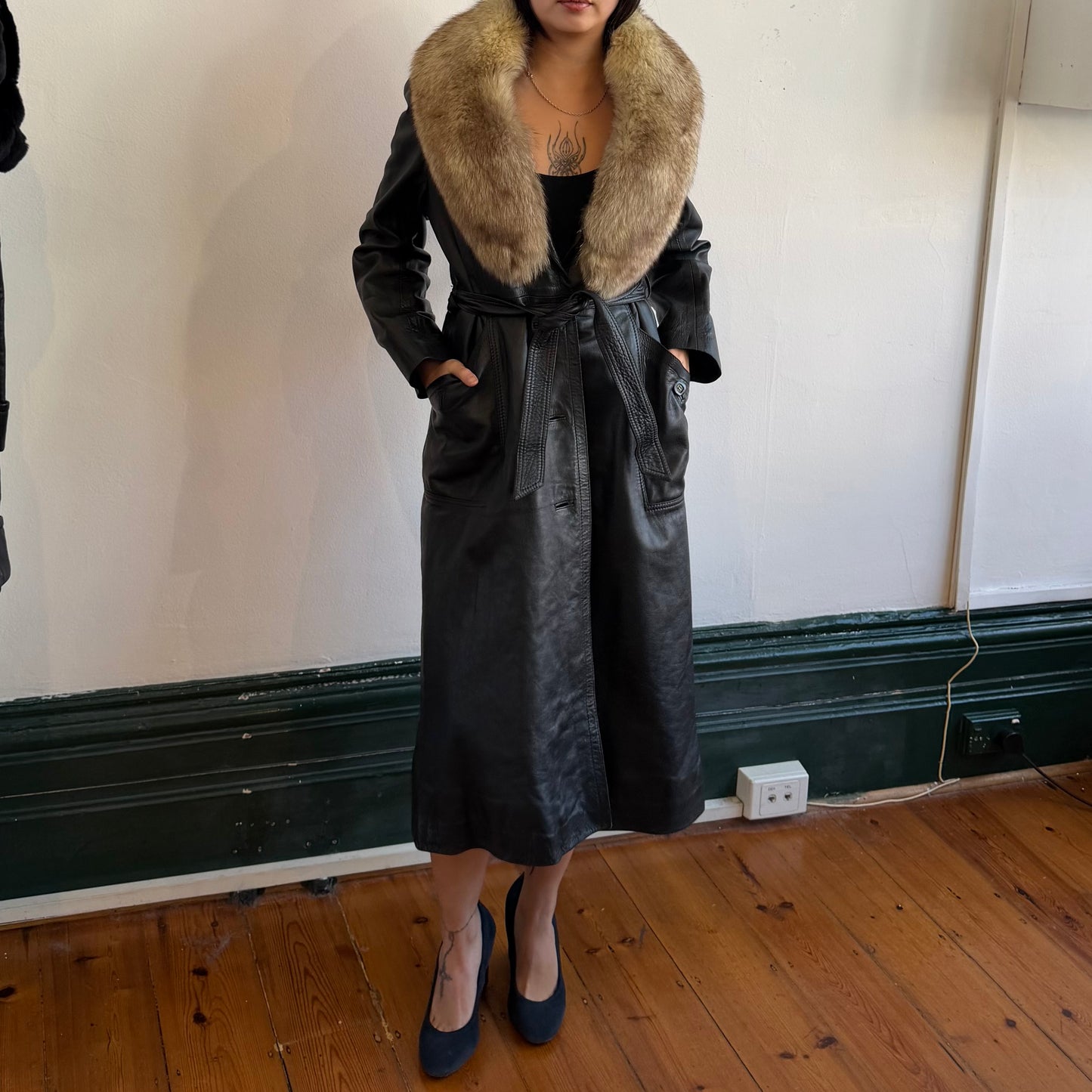 Vintage Black Leather Trench with Fur Collar