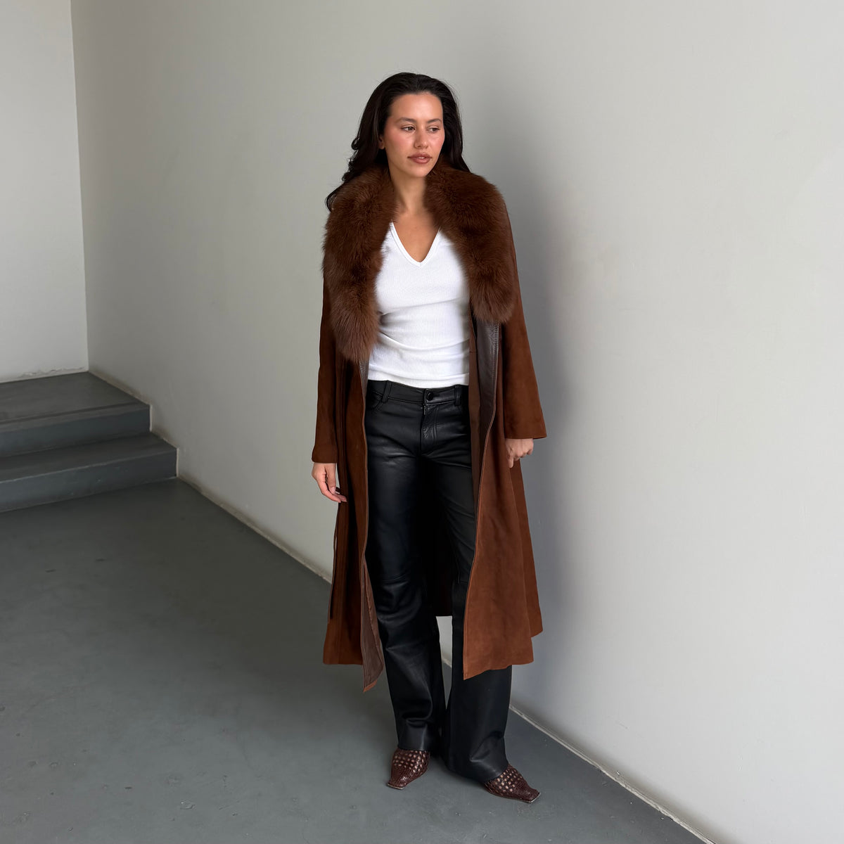 Vintage Suede Fur Trim Trench