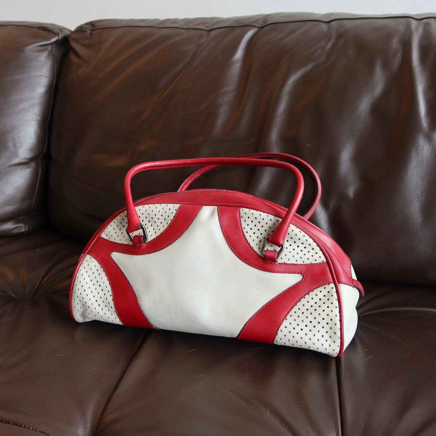 Prada Red and White Bowling Bag