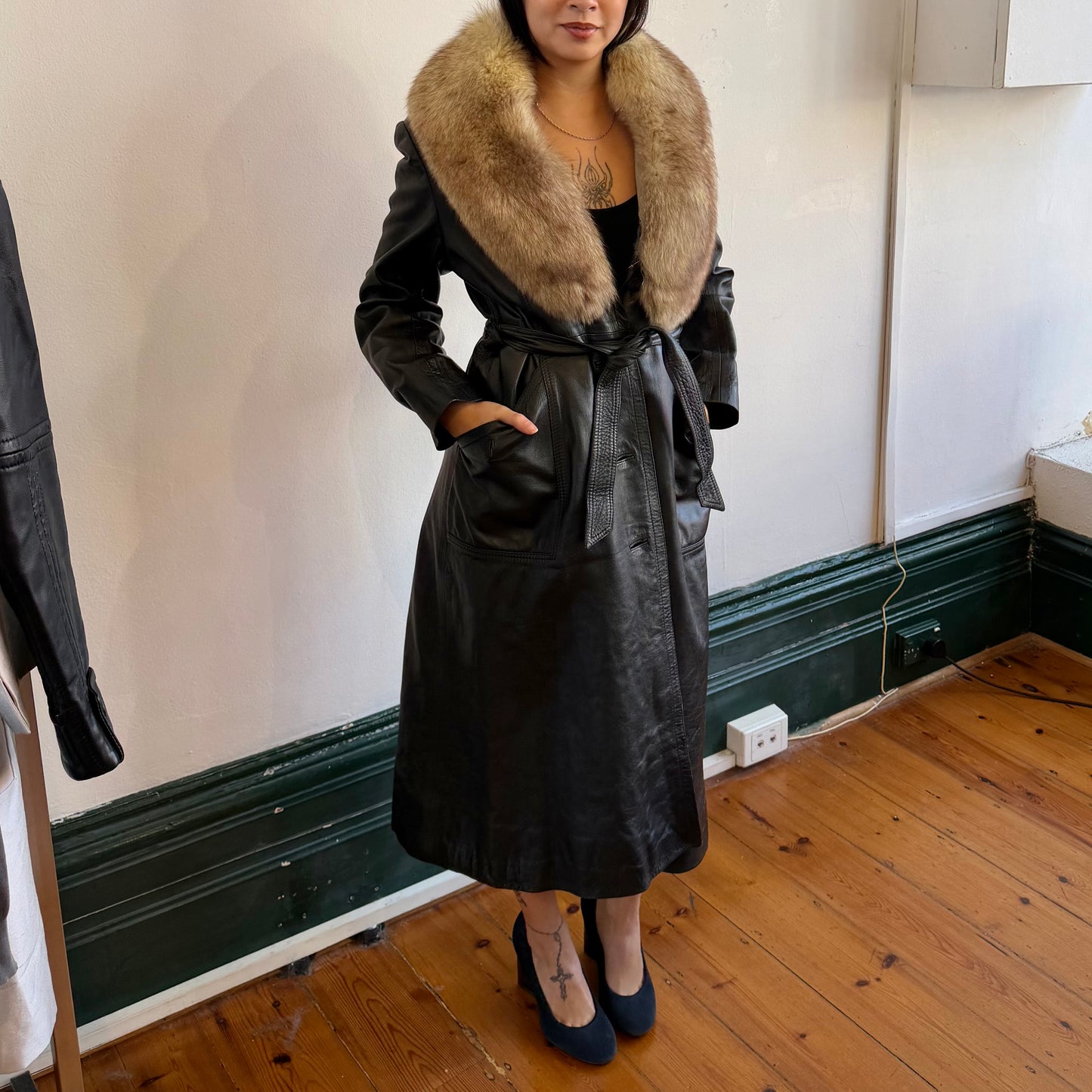 Vintage Black Leather Trench with Fur Collar