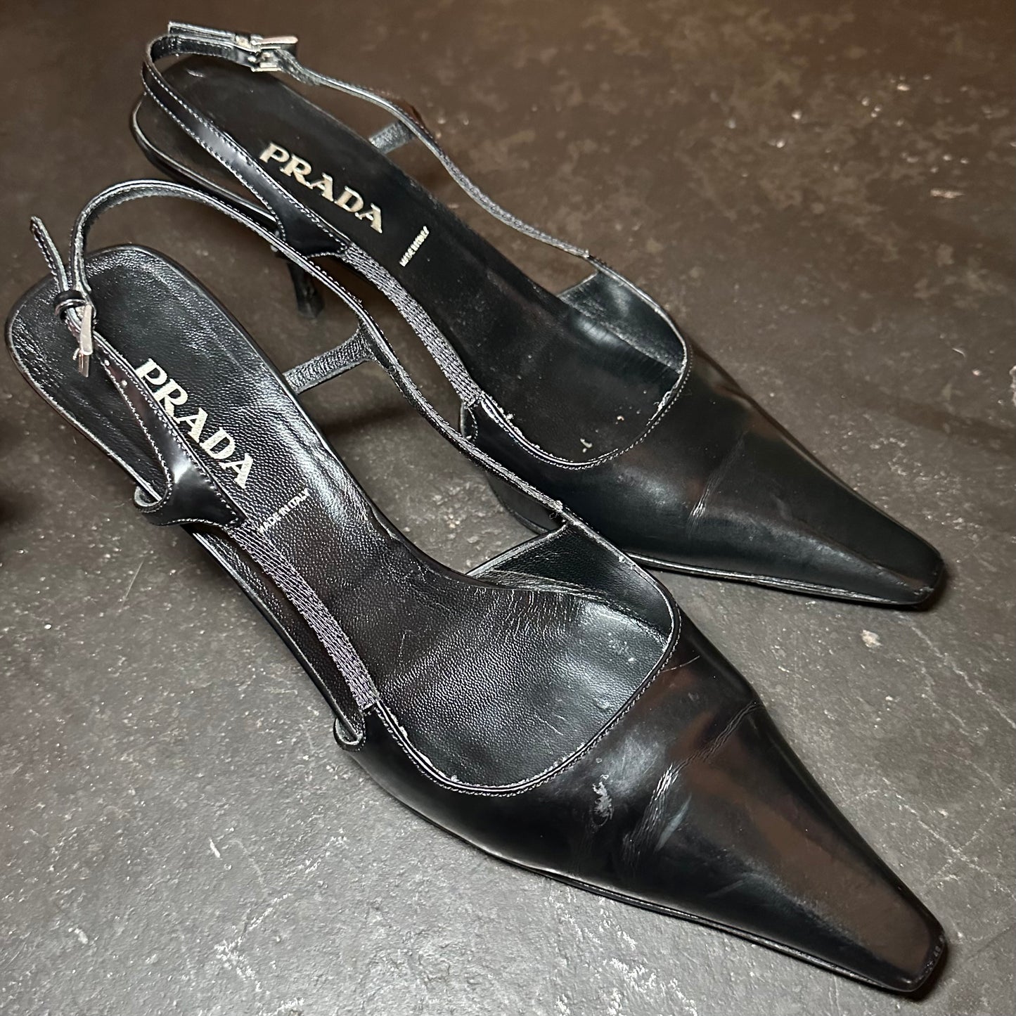 Prada Black Leather Sling-Backs with Plaque Detail (39.5)