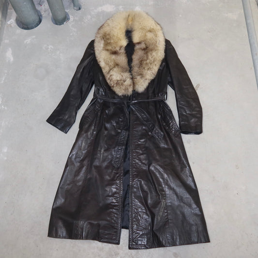 Vintage Brown Leather Trench with Fur Collar