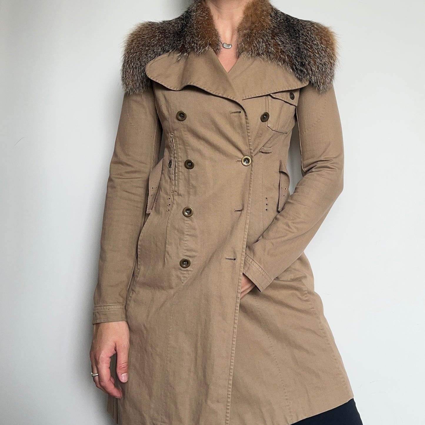 Miu Miu Canvas Trench with Fox Fur Collar