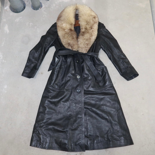Vintage Black Leather Trench with Fur Collar