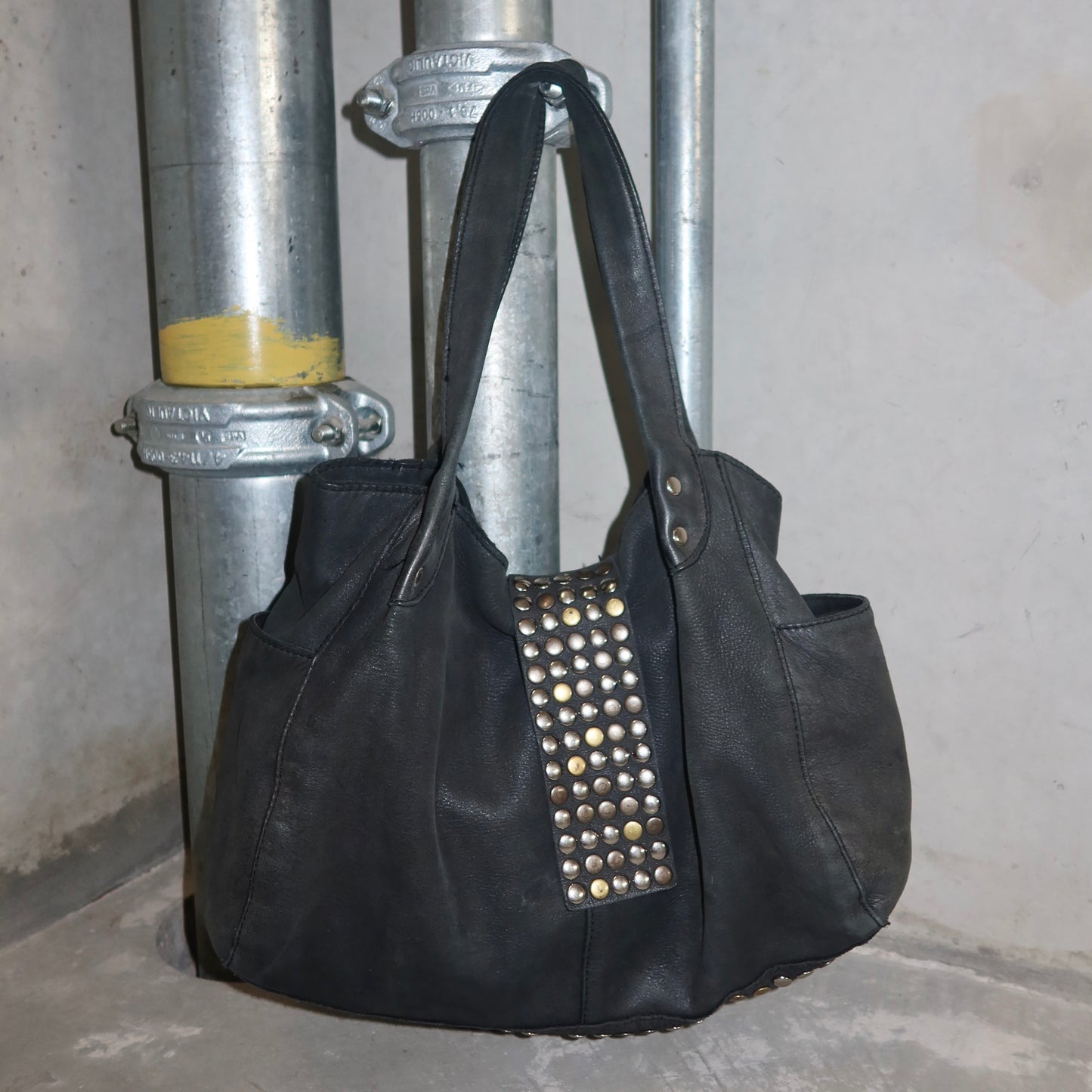 Tres Black Leather Studded Bag