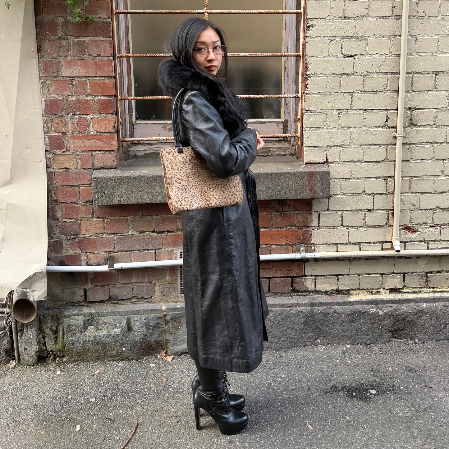 Vintage Leather Trench with Real Fur Collar