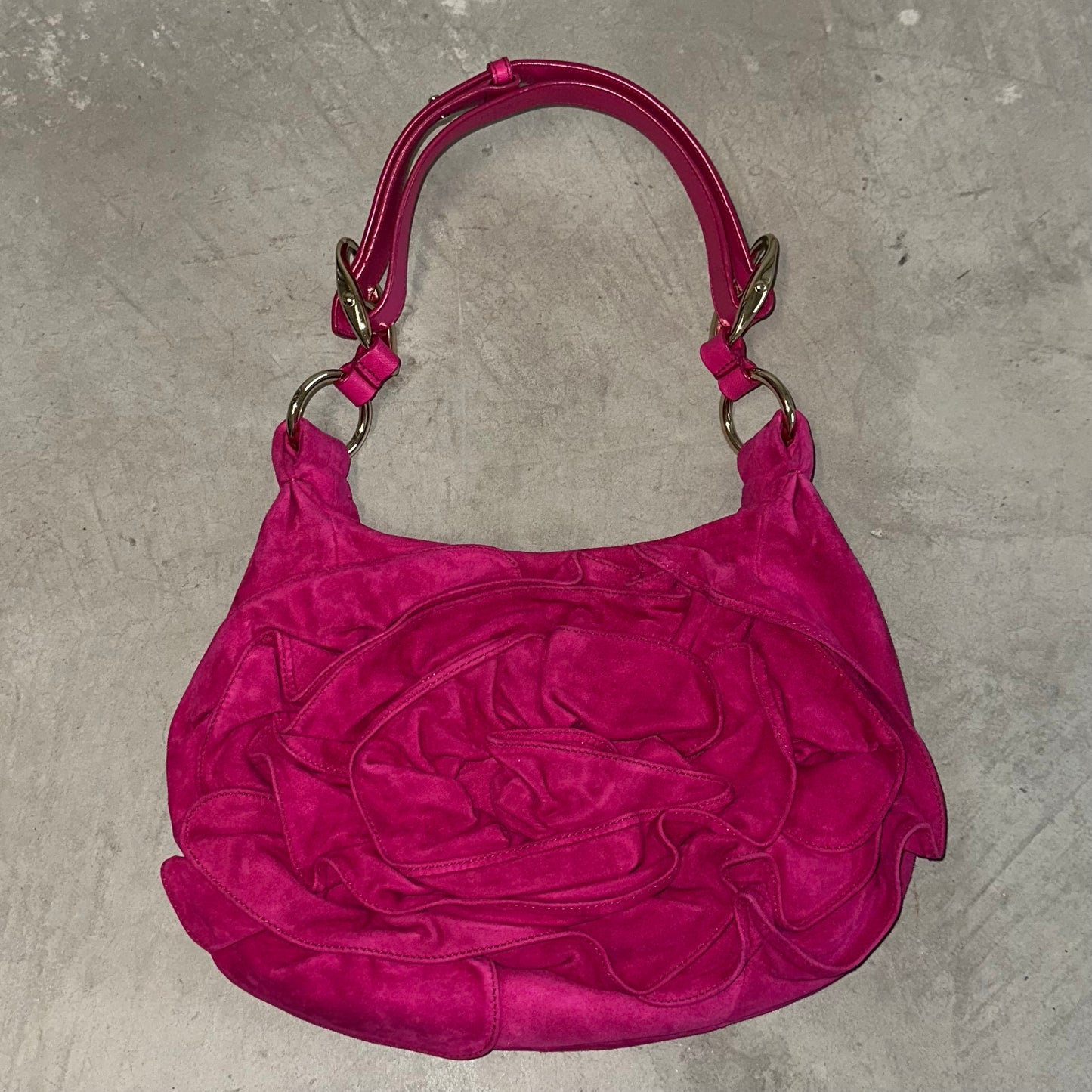 YSL Rare Hot Pink Suede Nadja Bag with Gold Hardware