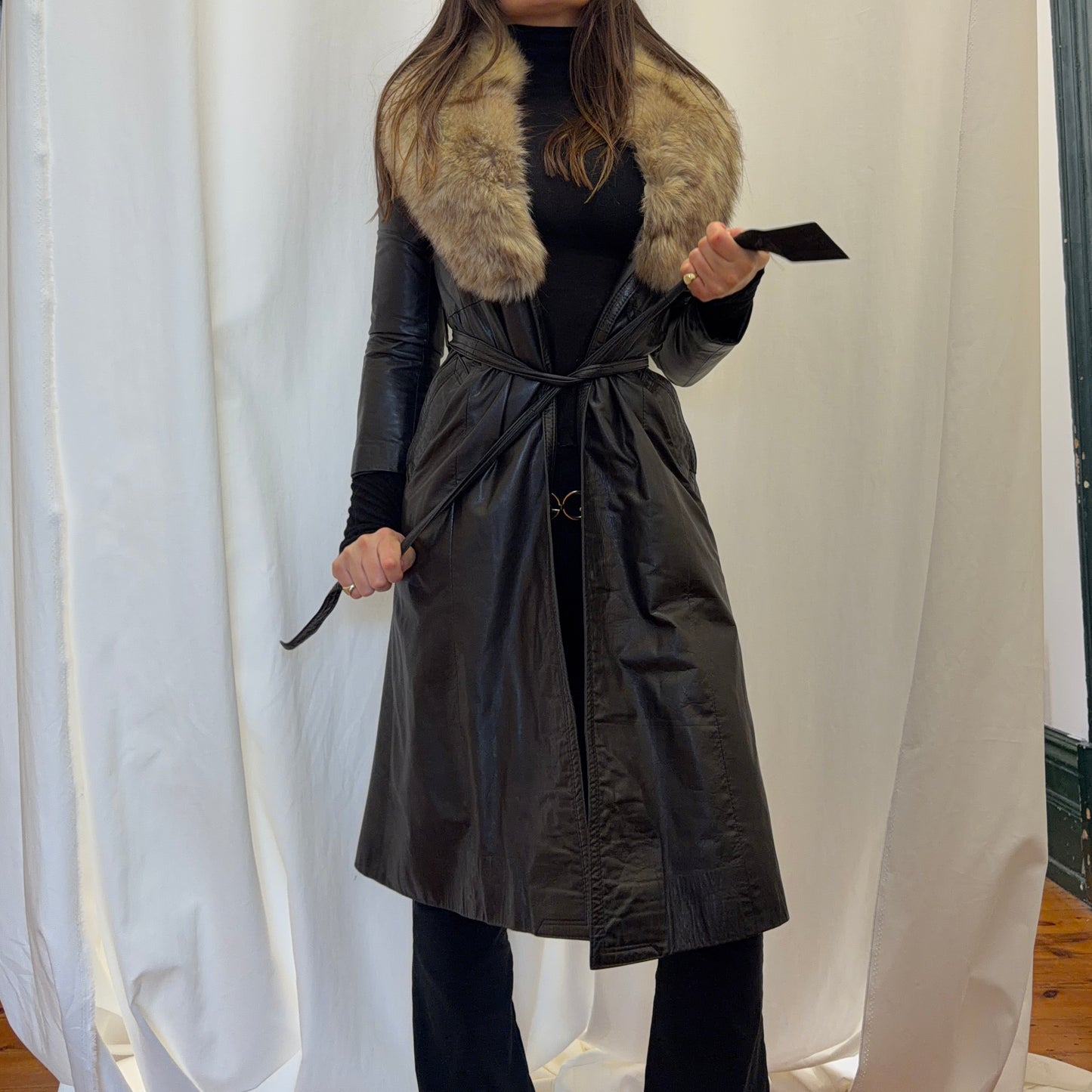 Vintage Brown Leather Trench with Fur Collar