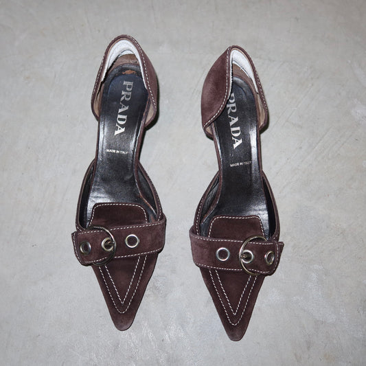 Prada Suede Buckle Kitten Heels (38)