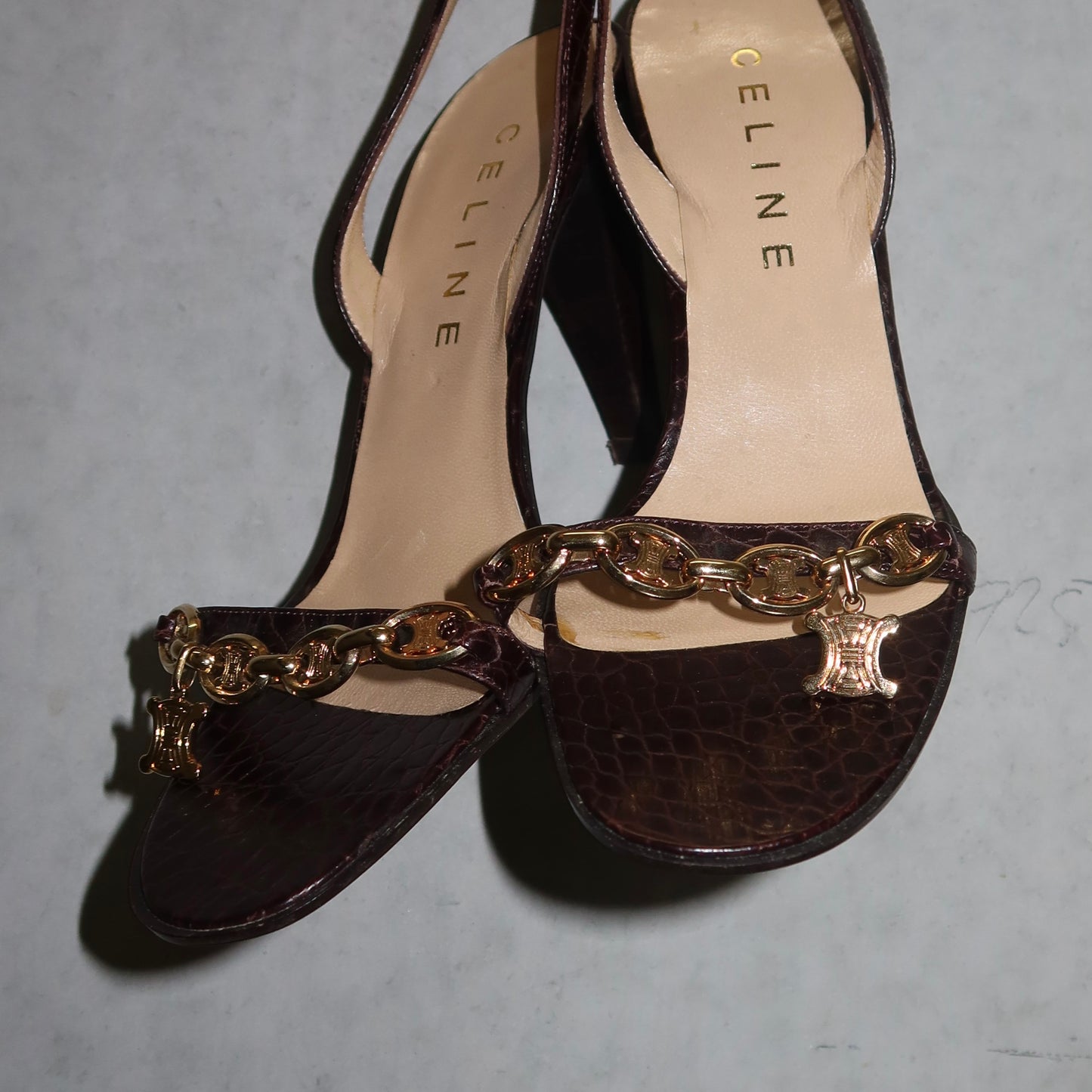 Celine Croc Print Leather Heels with Gold Charm Hardware (38)