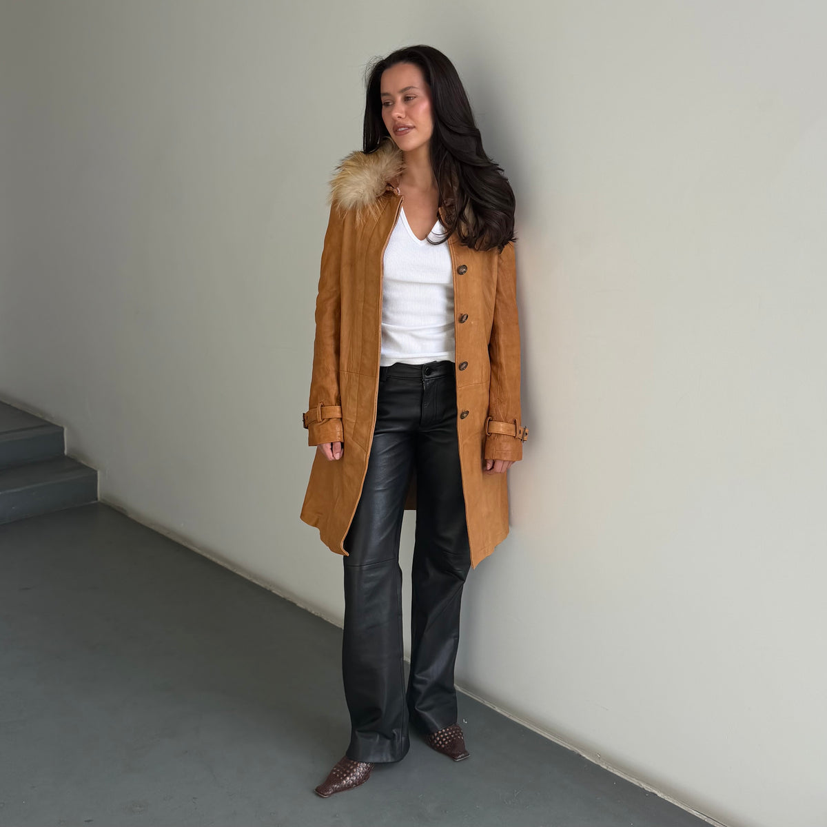 Vintage Fur Trim Leather Trench