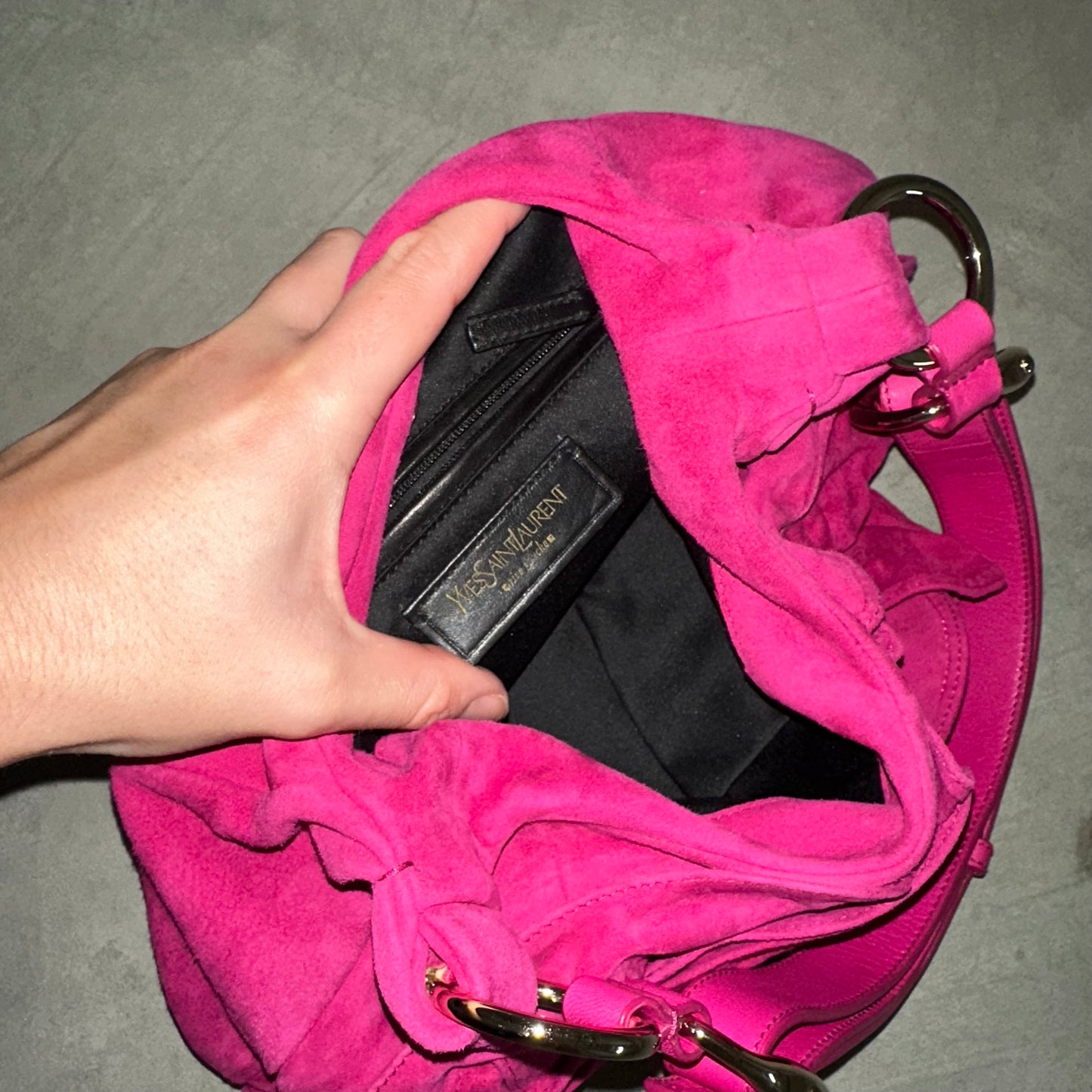 YSL Rare Hot Pink Suede Nadja Bag with Gold Hardware