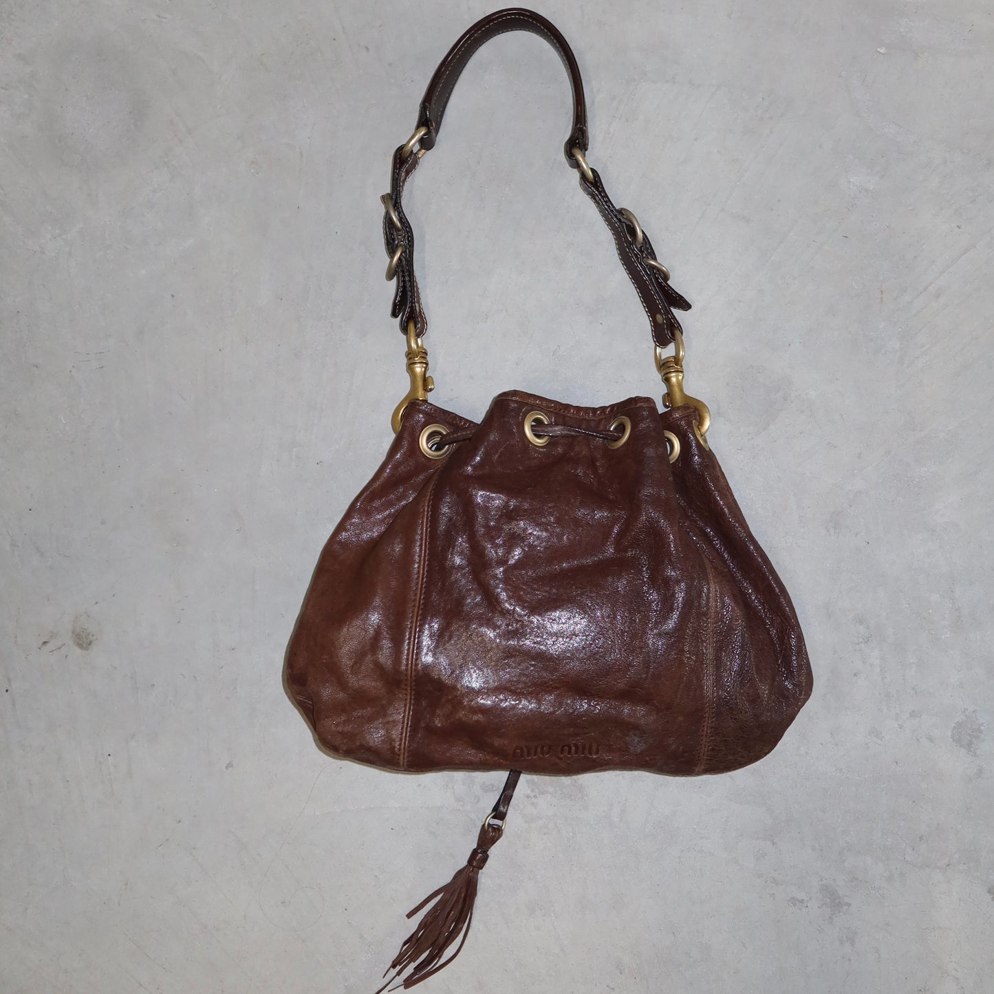 Miu Miu Brown Leather Drawstring Bag