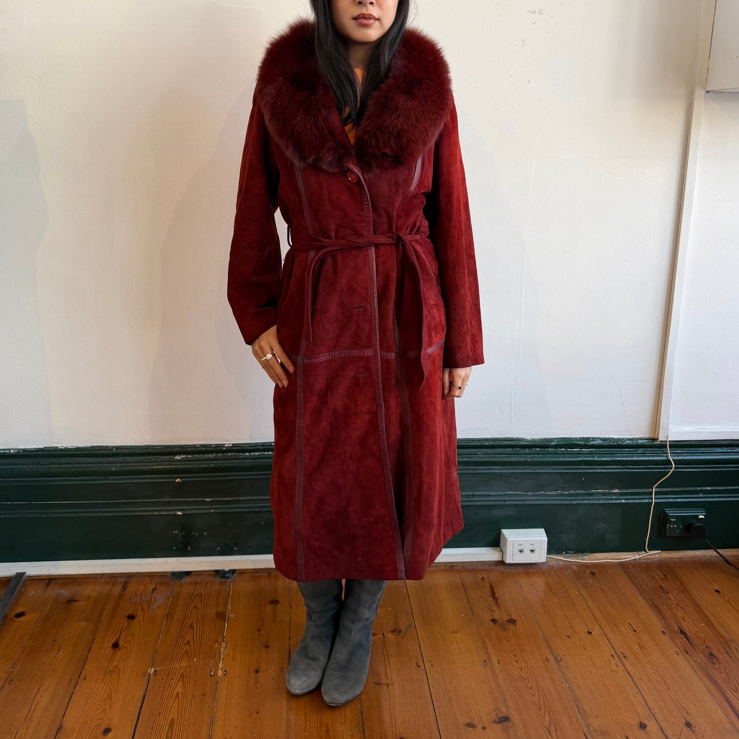 Vintage Red Suede and Fox Fur Trench