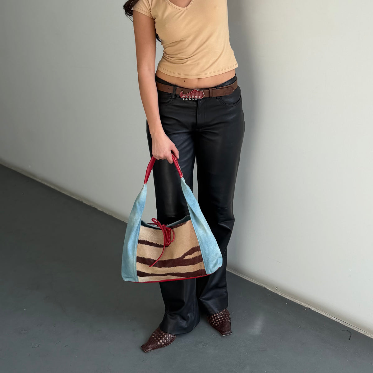 Vintage Cowhide Denim Hobo Bag