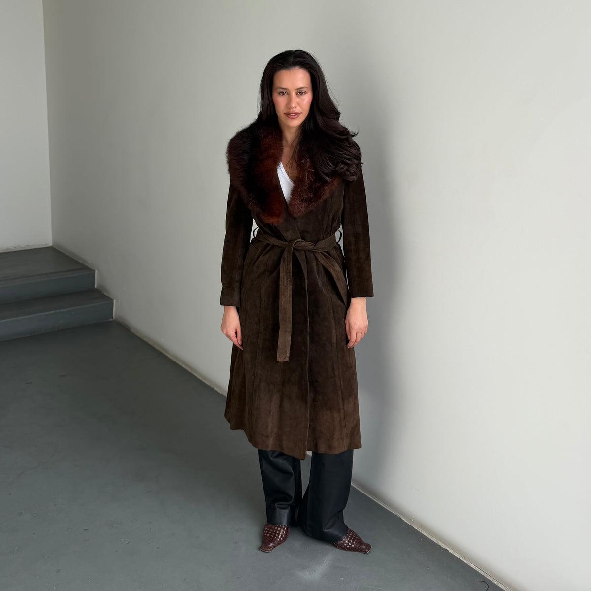 Vintage Suede Fur Trim Trench