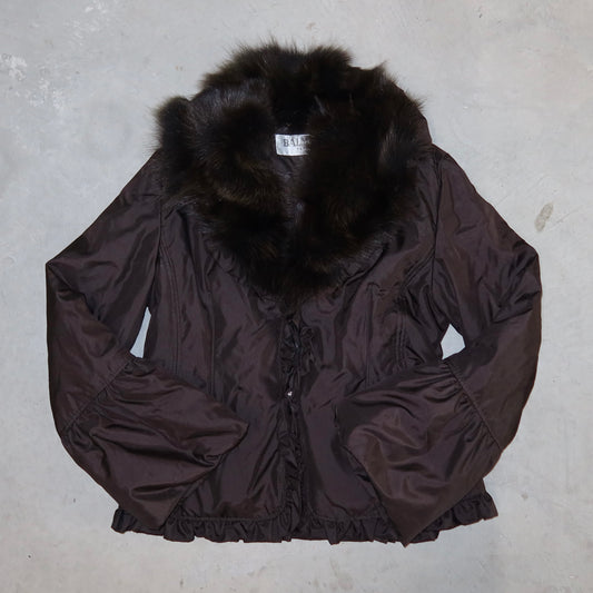 Balmain Brown Nylon and Fur Coat