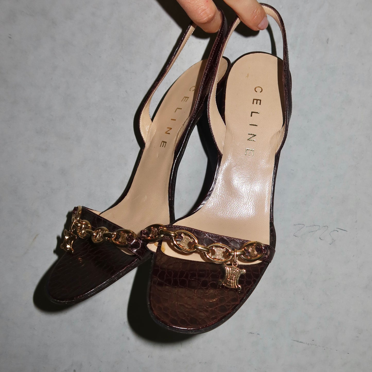 Celine Croc Print Leather Heels with Gold Charm Hardware (38)