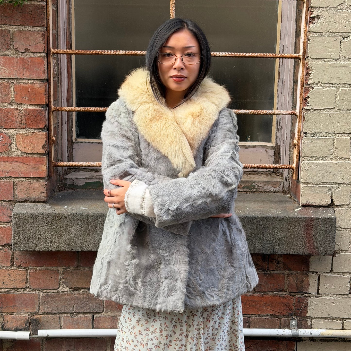 Vintage Blue Lamb and Fox Fur Coat